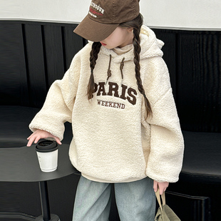 女童羊羔绒卫衣秋冬2024新款中大童刺绣毛毛衣加绒韩版连帽套头衫