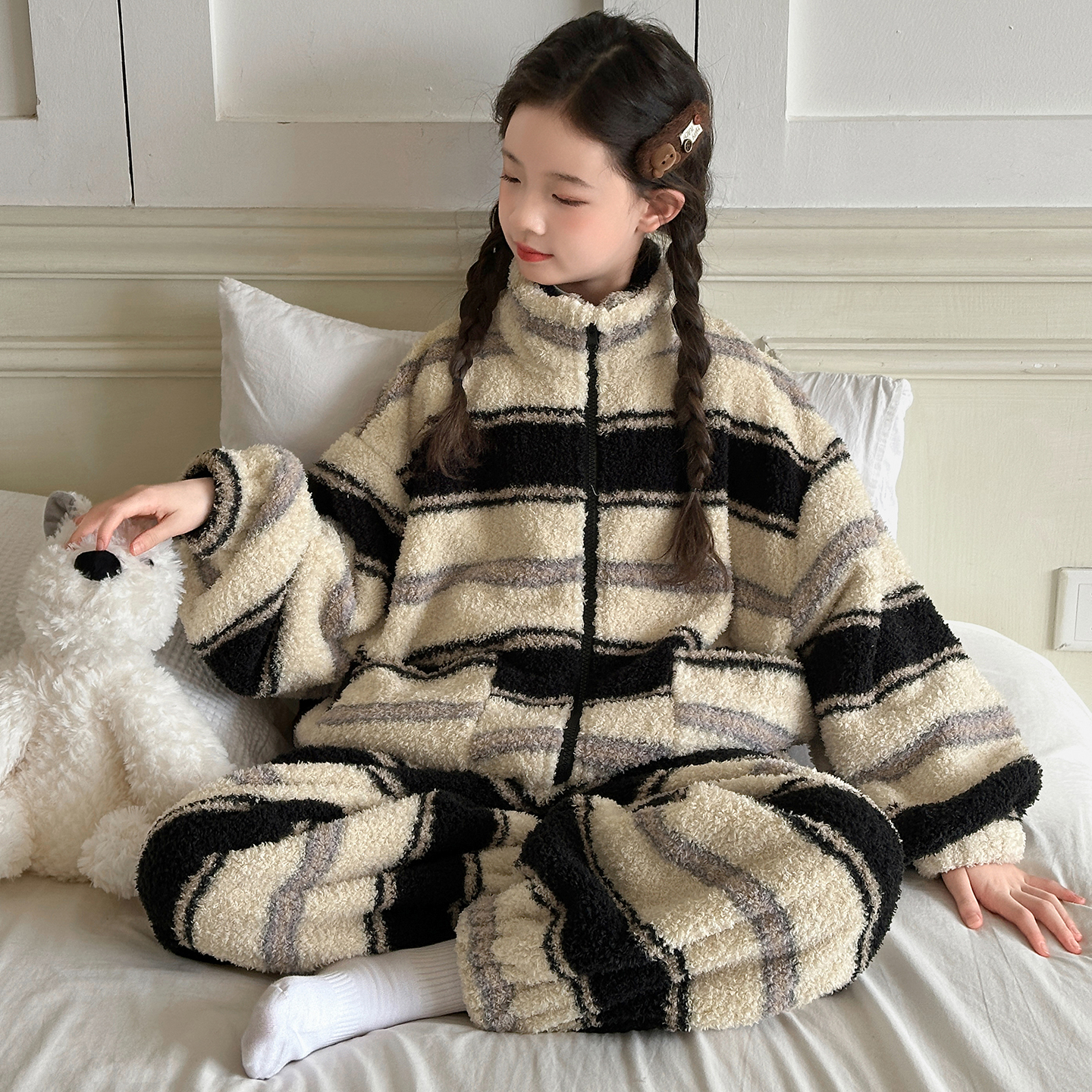 韩版秋冬条纹家居服套装保暖睡衣