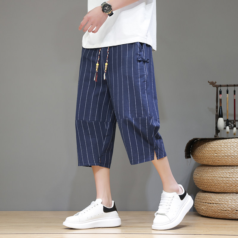 风条纹男7分裤夏季大码宽松阔腿哈伦短裤潮七分灯笼裤AK09P45，男装牛仔裤，星座220-2