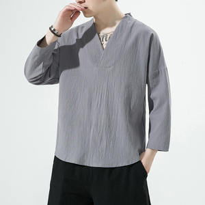 春夏风七分袖T恤男宽松大码新中式汉服潮时尚半袖t恤AC03P25图片
