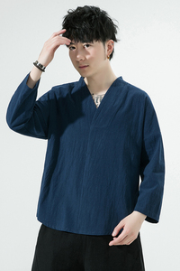 春夏风七分袖T恤男潮流中式汉服潮流V领半袖t恤衫上衣AC03P25图片