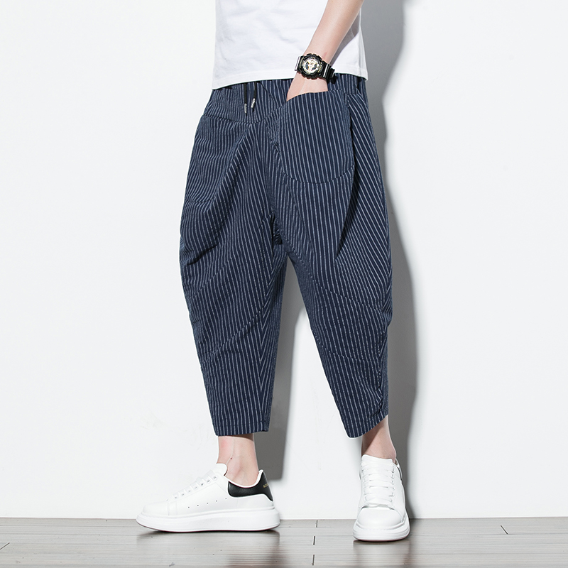 2025夏季新款风七分裤男宽松大码条纹哈伦裤潮流休闲裤K96P40，男装牛仔裤，星座220-2