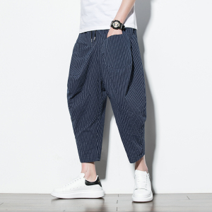 2025夏季新款风七分裤男宽松大码条纹哈伦裤潮流休闲裤K96P40，男装牛仔裤，星座220-2
