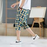 2025夏季风七分裤男宽松条纹裤子男式大码亚麻五分短裤K47P35，男装牛仔裤，四季星座220-2