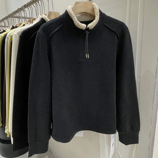 羊羔毛拼接立领德绒长袖T恤女2025冬装新款半拉链内搭打底衫上衣