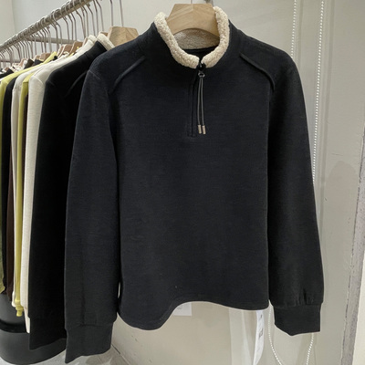 羊羔毛拼接立领德绒长袖T恤女2025冬装新款半拉链内搭打底衫上衣