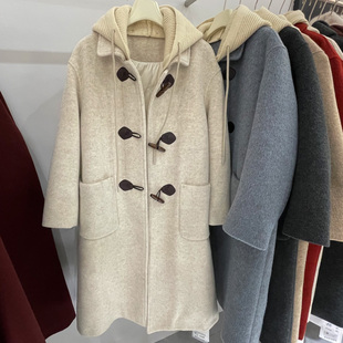 90白鸭绒内里羊毛呢子过膝长款大衣女针织帽牛角扣外套羽绒服冬季