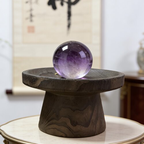 侘寂中古风纯实木手工高脚水晶球底座稳重水晶石创意桌面装饰摆件