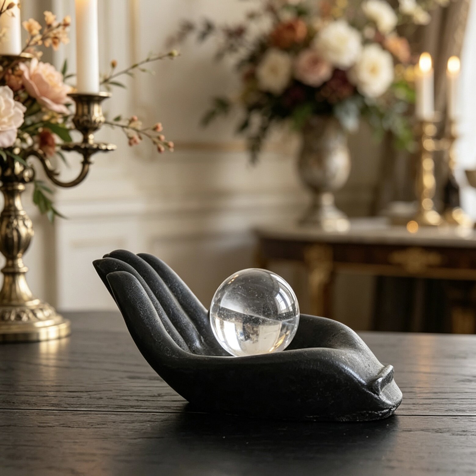 侘寂风复古黑色水晶球底座家用客厅茶几创意个性玄关装饰托盘摆放
