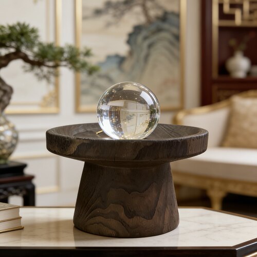 侘寂中古风纯实木手工高脚水晶球底座稳重水晶石创意桌面装饰摆件