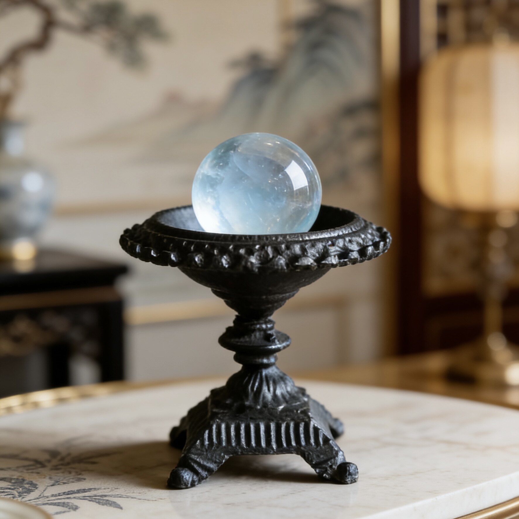 侘寂中古风黑色铸铁手工高脚水晶球底座稳重创意桌面客厅装饰摆件