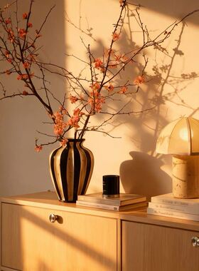 法式复古陶瓷条纹花瓶摆件客厅插花装饰高级感水培花器玄关电视柜