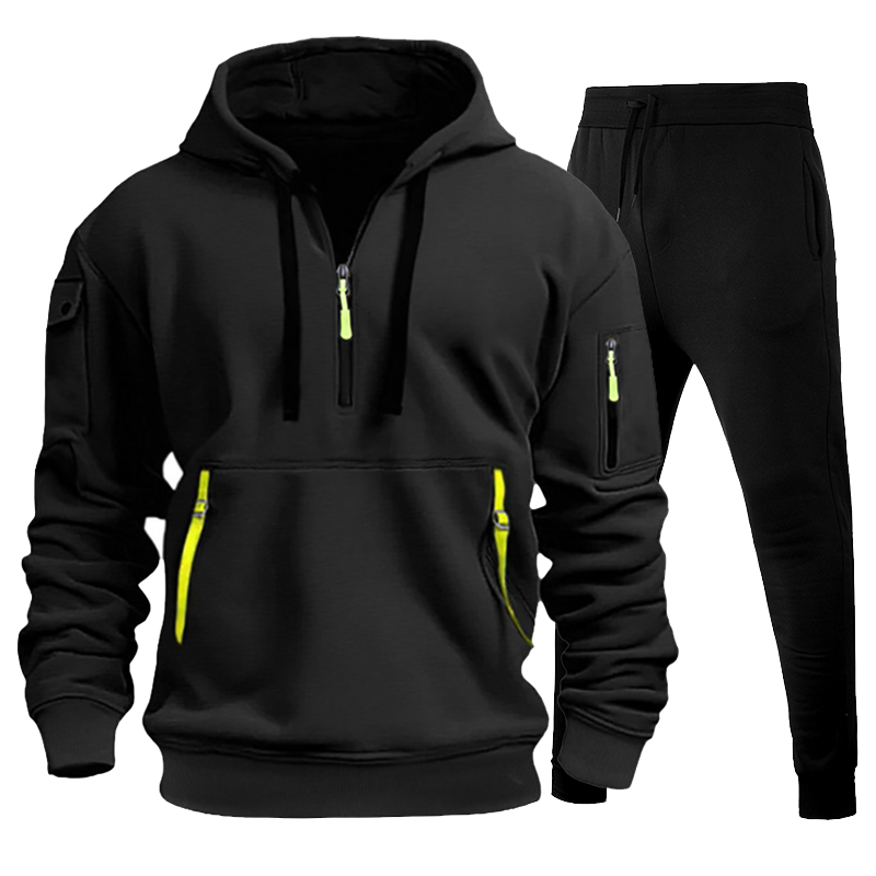跨境男士潮流工装风连帽卫衣套装秋冬休闲多口袋拉链连帽衫套装