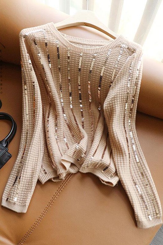 일선 빅 브랜드 하이 엔드 컷 라벨 여성 의류 대외 무역 수출 오리지널 싱글 울 스팽글 긴팔 스웨터 탑