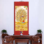 包邮 财神爷挂画九鱼图摇钱树五福玄关走廊办公室装 饰画丝绸卷轴画
