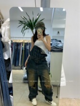 JHL JEANS 新品美式复古废土水洗牛仔背带裤新款潮流破洞拖地直筒