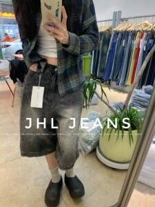 JHL JEANS 新品美式复古休闲水洗做旧轧染牛仔短裤直筒阔腿七分裤