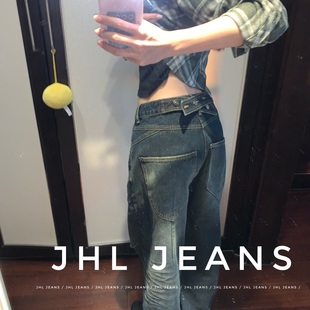 女宽松显瘦阔腿长裤 JHL 复古低腰直筒牛仔裤 美式 设计感 JEANS