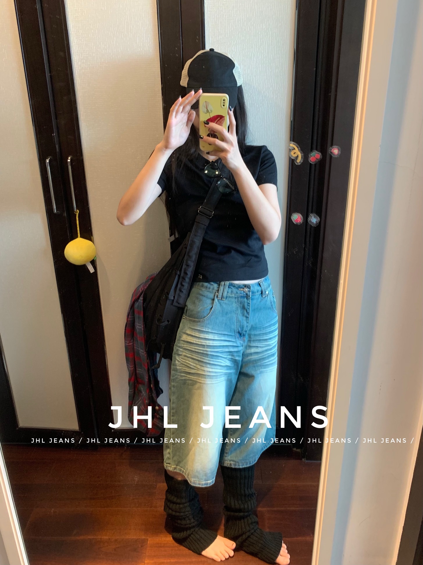 JHL JEANS 青草绿 做旧立体压轴  牛仔七分裤 男女