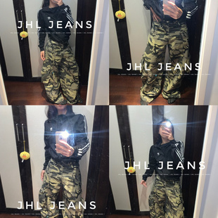 JHL JEANS 25迷彩 绿 重磅多口袋时髦水洗牛仔工装弯刀裤男女