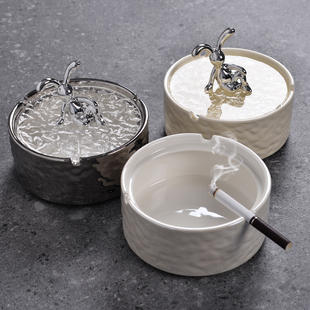 奶fufu高颜值带盖陶瓷烟灰缸家用办公室奶油色高级感潮流装 饰烟缸