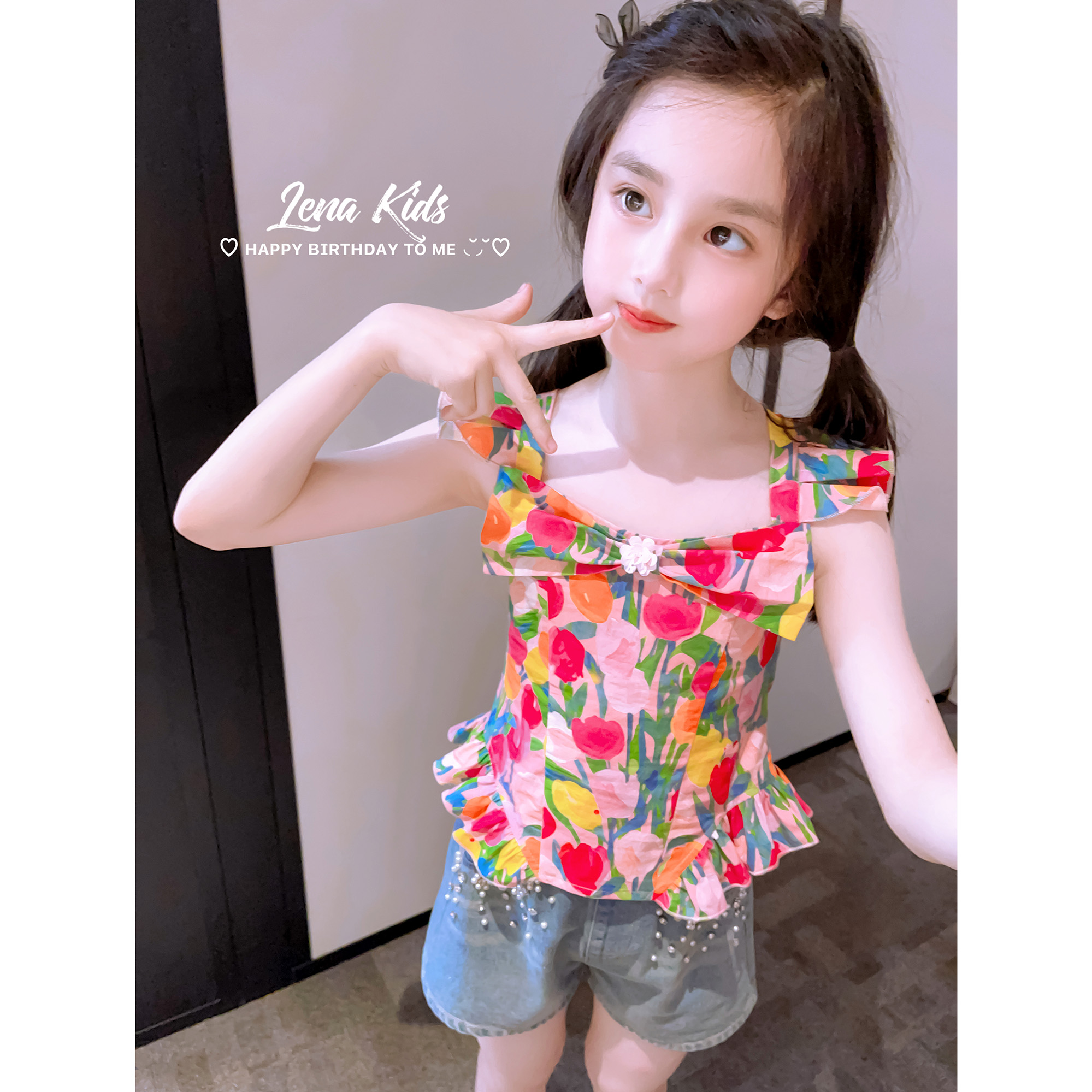莉娜kids郁金香飞飞袖多巴胺设计感碎花上衣套装女童25050801