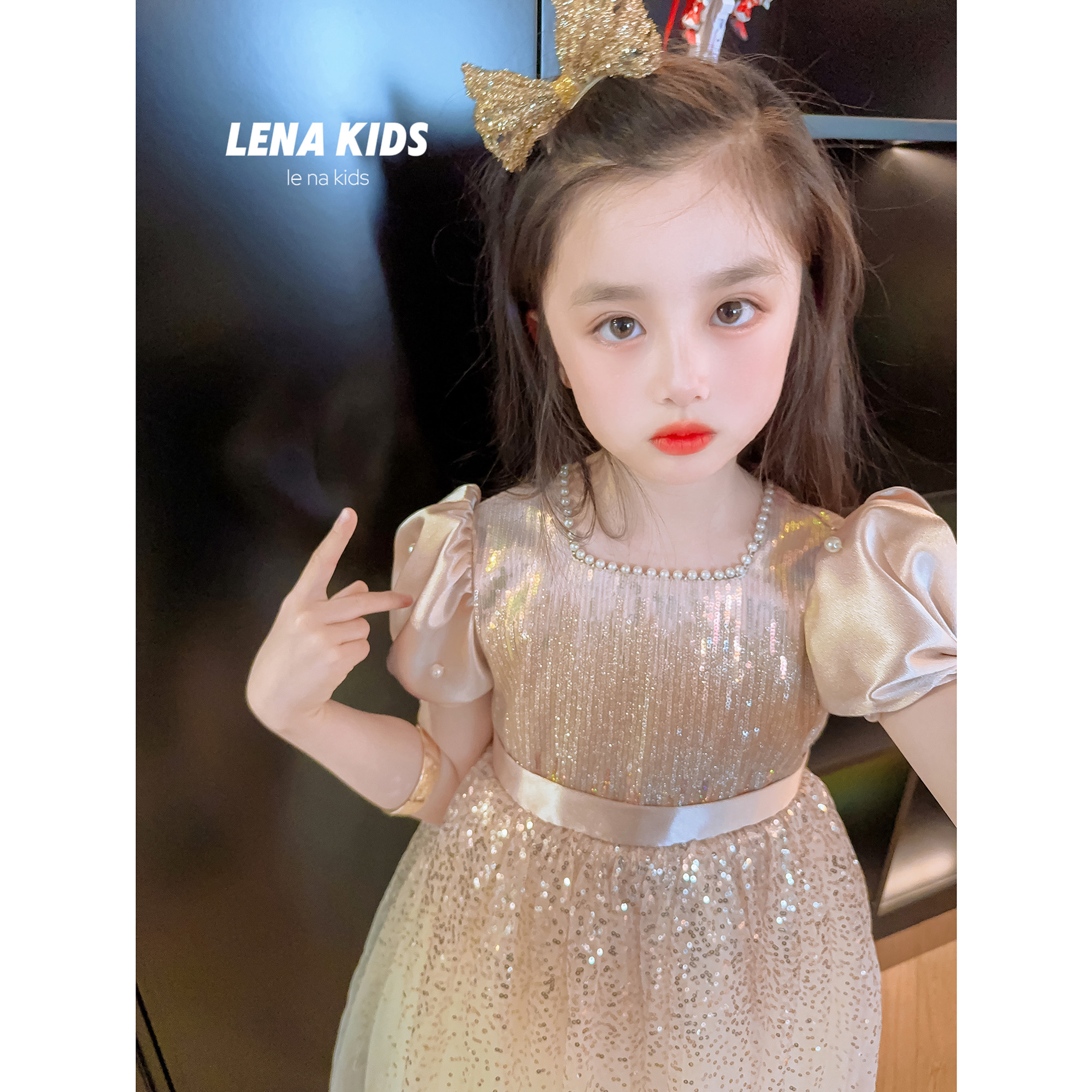 Lenakids气质高定闪闪香槟珍珠礼服裙女童连衣裙24040501现货
