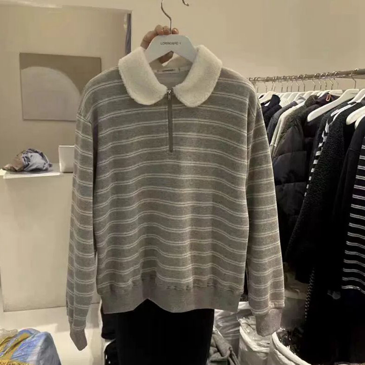 韩国代购加厚休闲翻领条纹卫衣