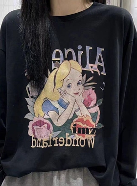 现韩国东大门代购女VANTA2025秋新款百搭宽松卡通减龄印花长袖T恤