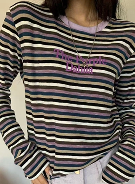 现韩国东大门代购tara by motion2026春洋气撞色条纹圆领长袖T恤