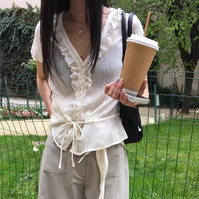 韩国代购洋气百搭单排扣系带衬衫