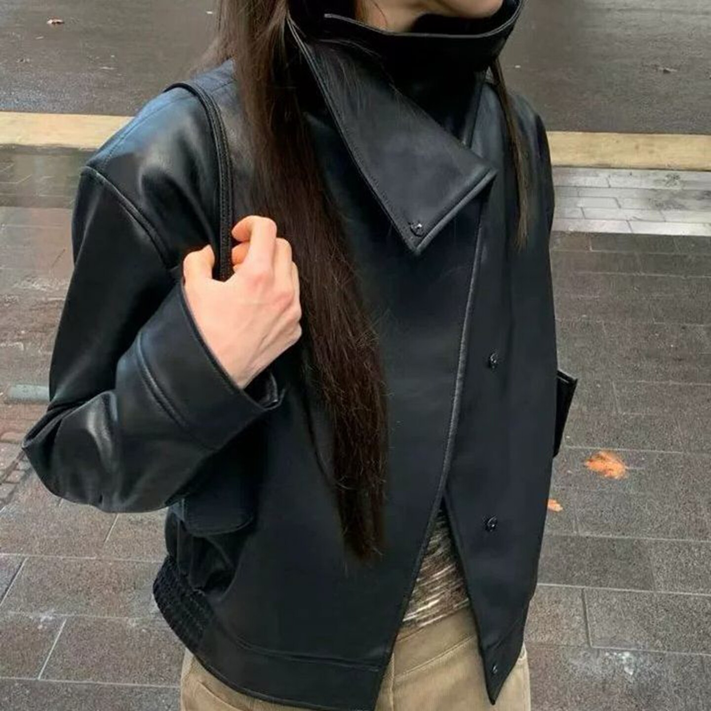 韩国代购复古百搭立领皮衣外套