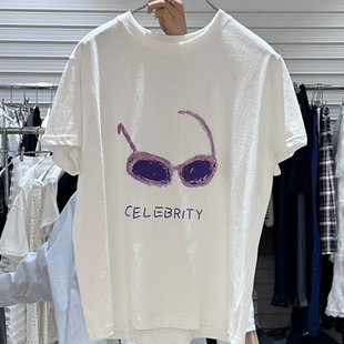 现韩国东大门代购女BRICKLANE2025夏新款百搭洋气眼镜印花短袖T恤