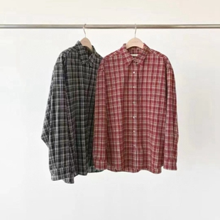 现韩国东大门代购女OUNCE2025冬季休闲宽松格纹系扣翻领长袖衬衫