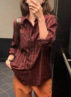 现韩国东大门代购OBJET2025秋冬休闲宽松格子翻领系扣长袖衬衫女