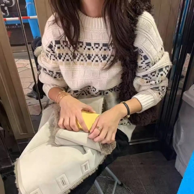 韩国代购套头圆领拼色针织毛衣