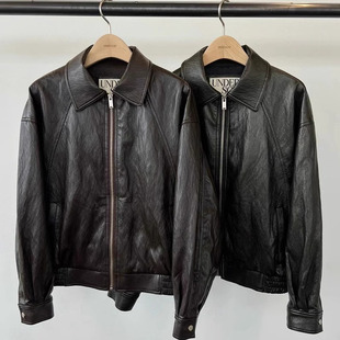 现韩国东大门代购Underson2025秋季时尚百搭纯色翻领夹克皮衣外套