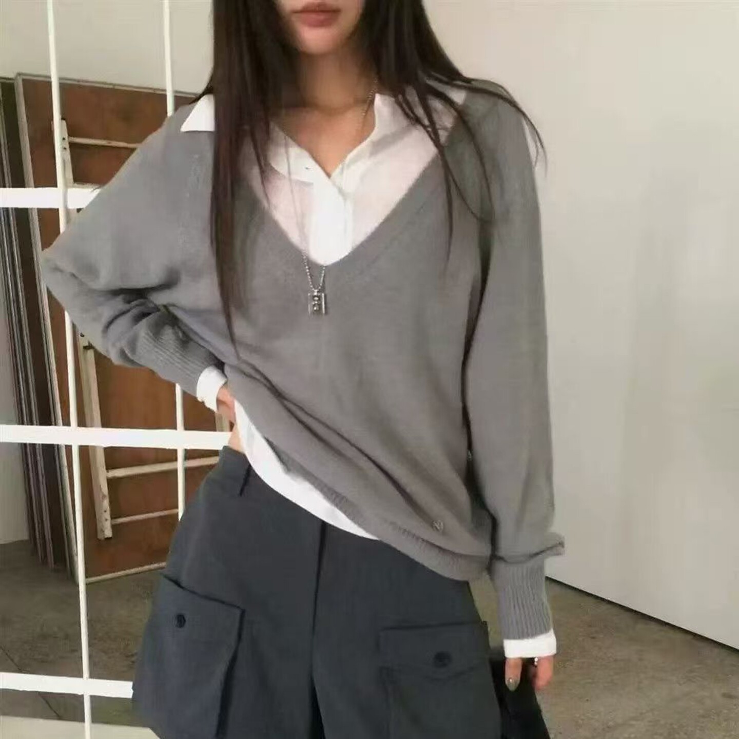 韩国代购针织V领套头休闲针织衫