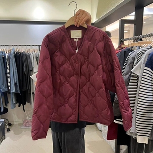 现韩国东大门代购self service2025秋冬简约V领系扣菱格羽绒服女