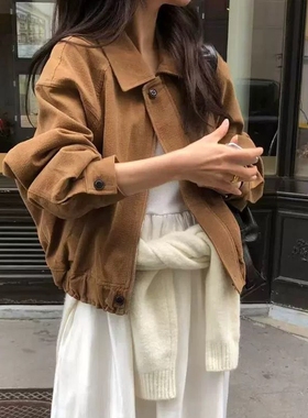 现韩国东大门代购OBJET2025秋季复古百搭翻领拉链纯色夹克外套女