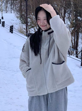 现韩国东大门代购JINSIM2025冬季休闲宽松立领撞色摇粒绒保暖外套