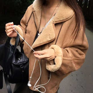 现韩国东大门代购breathe2025冬季款翻领麂皮绒皮毛一体保暖外套