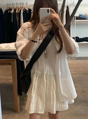 现韩国东大门代购OUNCE2026春季简约百搭纯色V领褶皱吊带连衣裙女