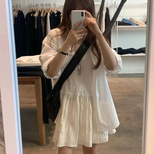 现韩国东大门代购 简约百搭纯色V领褶皱吊带连衣裙女 OUNCE2026春季