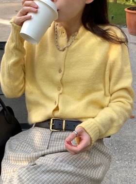 现韩国东大门代购lerobe2025秋冬时尚百搭单排扣圆领纯色针织开衫