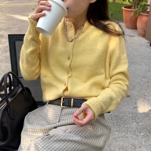 现韩国东大门代购lerobe2025秋冬时尚百搭单排扣圆领纯色针织开衫