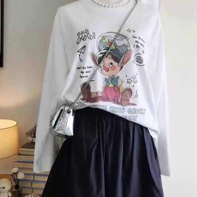 长袖通勤韩国代购印花棉女T恤