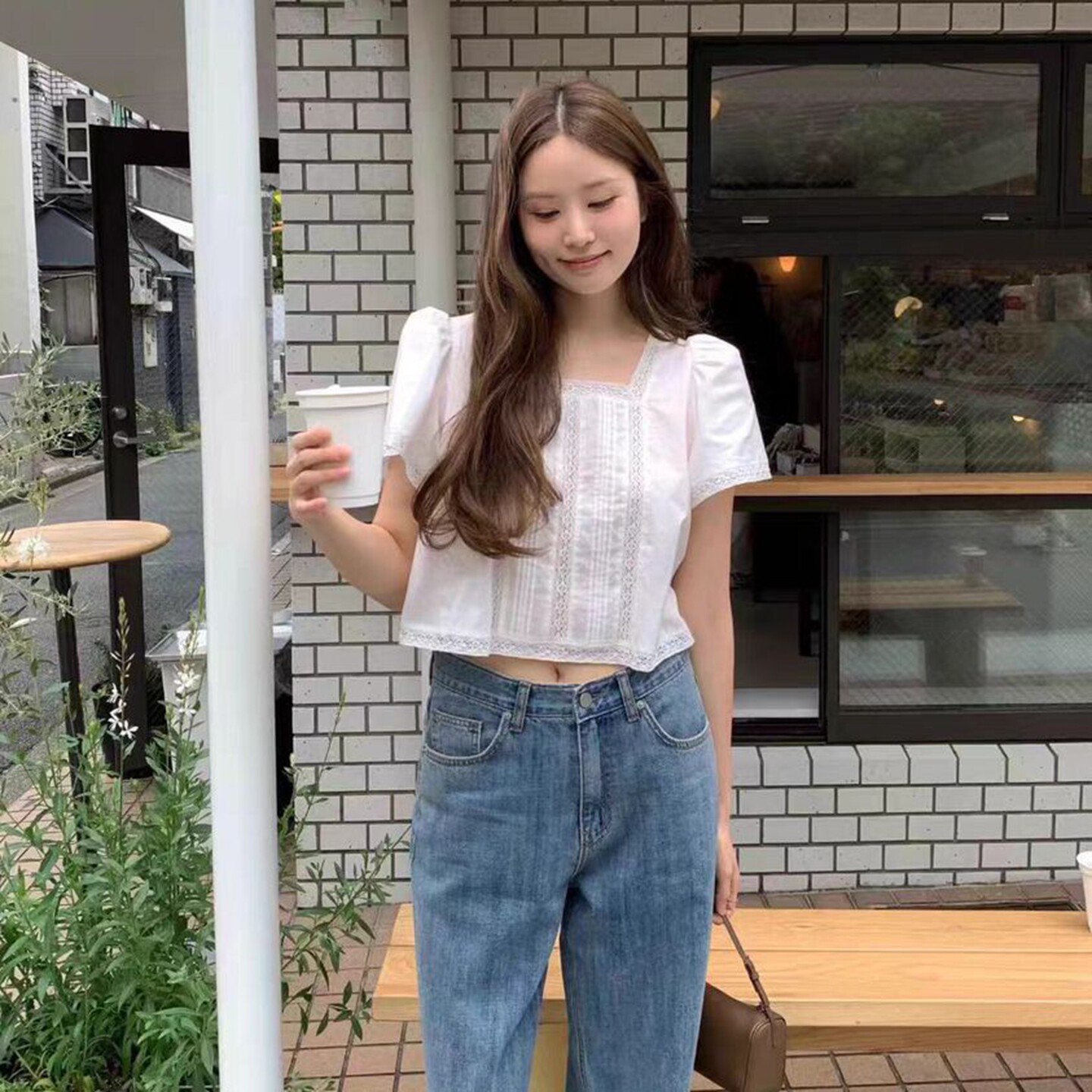 韩国代购宽松简约蕾丝拼接衬衫