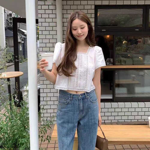 韩国代购宽松简约蕾丝拼接衬衫