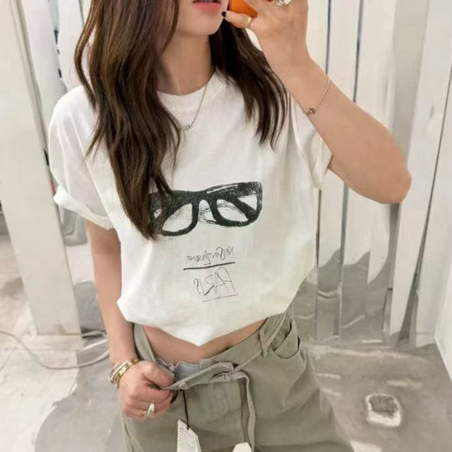现韩国东大门代购brick2026春季时尚百搭个性眼镜印花圆领短袖T恤